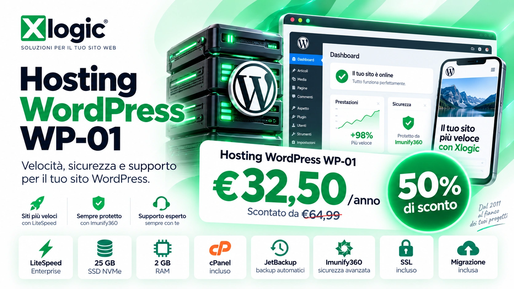 Hosting WordPress Xlogic WP-01 in offerta con 50% di sconto, LiteSpeed, NVMe, cPanel e Imunify360
