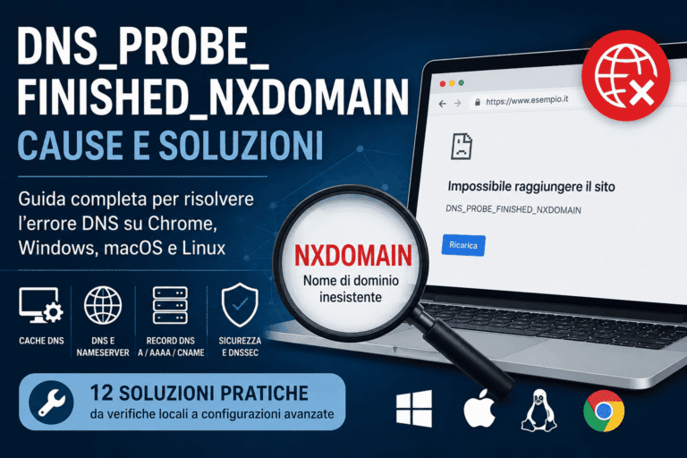 Errore DNS_PROBE_FINISHED_NXDOMAIN con cause e soluzioni per Chrome, Windows, macOS e Linux