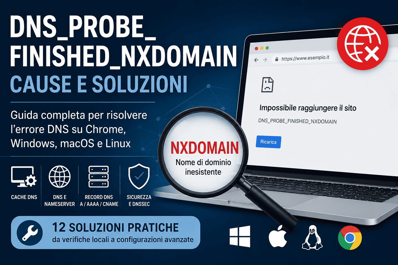 Errore DNS_PROBE_FINISHED_NXDOMAIN con cause e soluzioni per Chrome, Windows, macOS e Linux