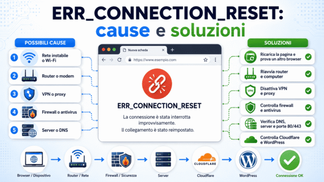 ERR_CONNECTION_RESET: cause e soluzioni Infografica su ERR_CONNECTION_RESET con browser, rete Wi-Fi, router, VPN, firewall, DNS, server, Cloudflare e WordPress.