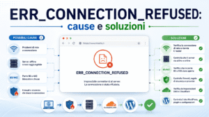 Infografica su ERR_CONNECTION_REFUSED con browser, rete, server, porte 80 e 443, firewall, Cloudflare e WordPress.