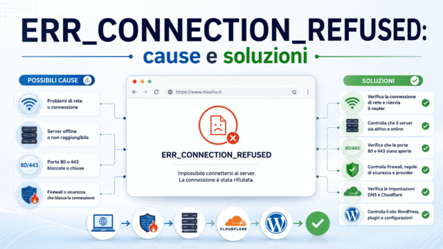 ERR_CONNECTION_REFUSED: cause e soluzioni Infografica su ERR_CONNECTION_REFUSED con browser, rete, server, porte 80 e 443, firewall, Cloudflare e WordPress.