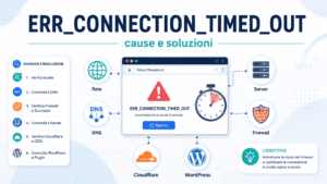 Infografica su ERR_CONNECTION_TIMED_OUT con diagnosi e soluzioni: rete, DNS, server, firewall, Cloudflare e WordPress
