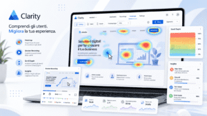 Microsoft Clarity con heatmap, registrazioni delle sessioni, scroll depth e analisi del comportamento degli utenti