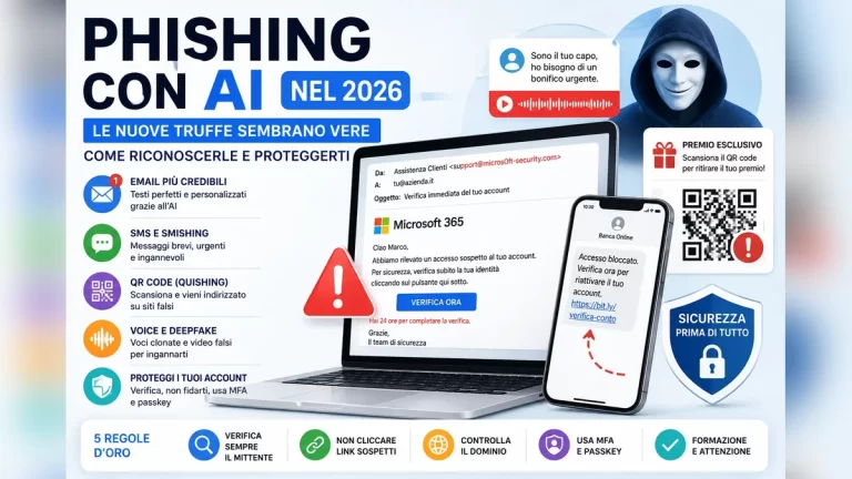 Phishing con AI nel 2026: email, QR code, deepfake e truffe online.
