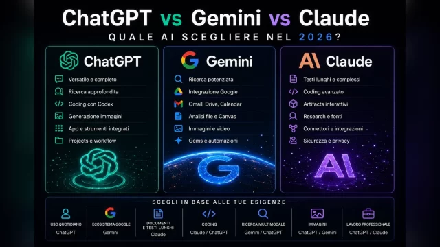 ChatGPT vs Gemini vs Claude 2026: Confronto Essenziale ChatGPT vs Gemini vs Claude nel 2026: confronto completo tra le migliori AI