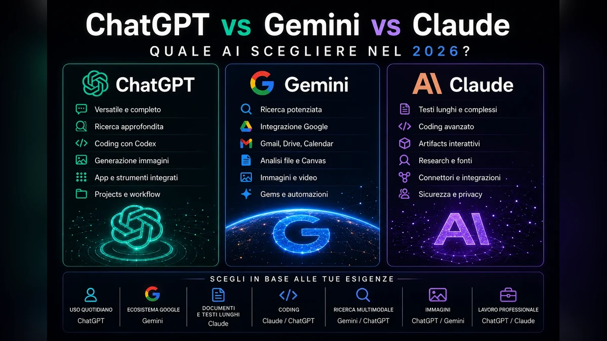 ChatGPT vs Gemini vs Claude nel 2026: confronto completo tra le migliori AI