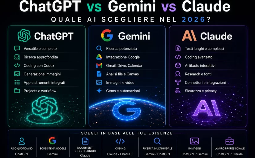 ChatGPT vs Gemini vs Claude 2026: Confronto Essenziale