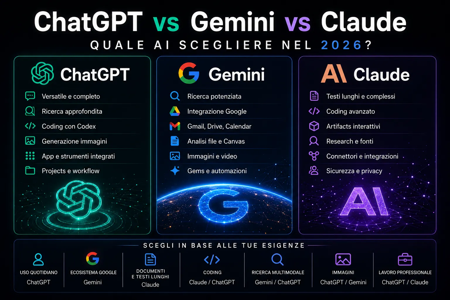 ChatGPT vs Gemini vs Claude nel 2026: confronto completo tra le migliori AI