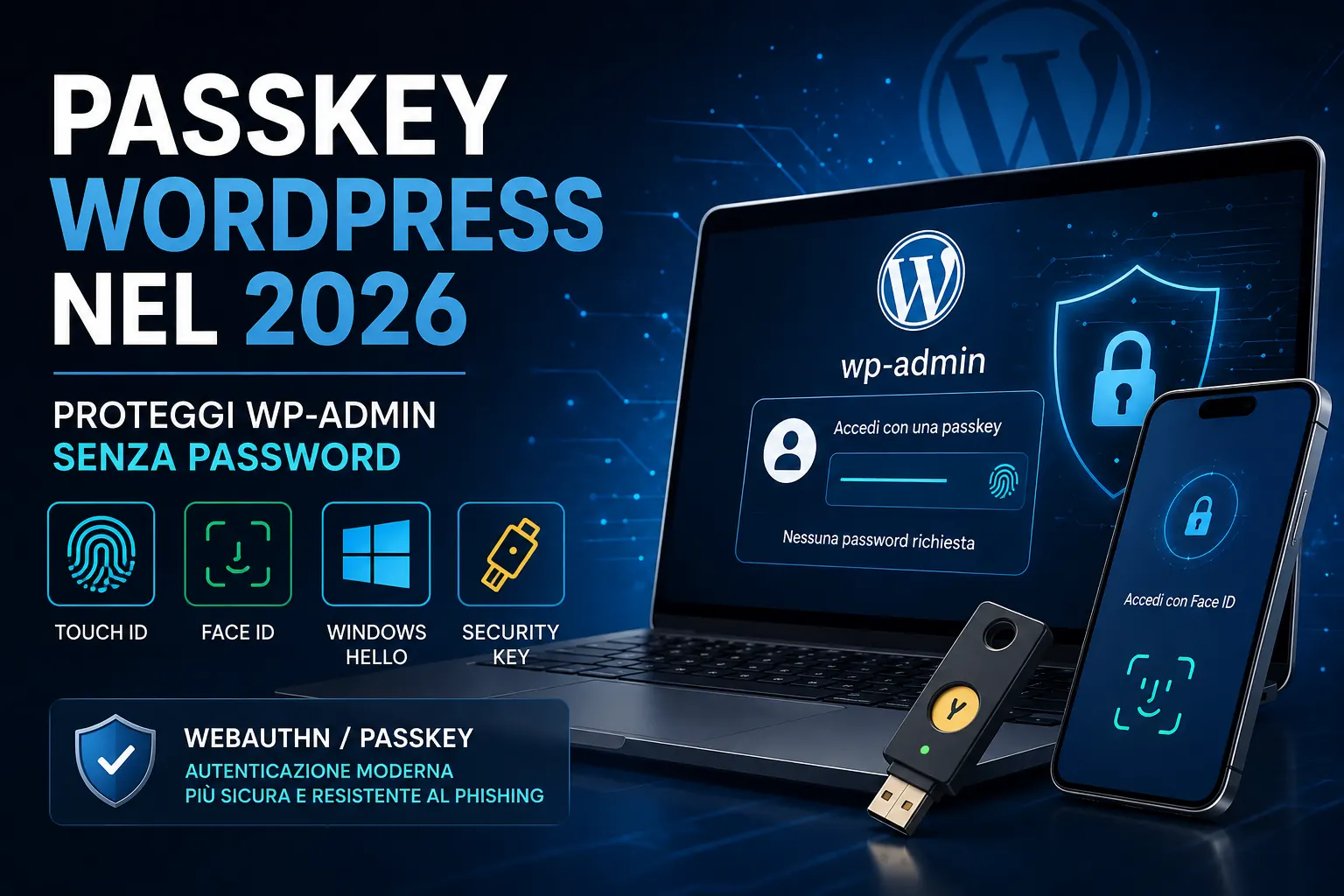 Passkey WordPress nel 2026 per proteggere wp-admin con WebAuthn.