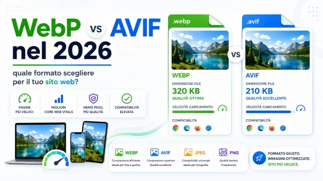 WebP vs AVIF nel 2026: quale formato scegliere? WebP vs AVIF nel 2026: confronto tra formati immagini per velocità, qualità e prestazioni del sito web