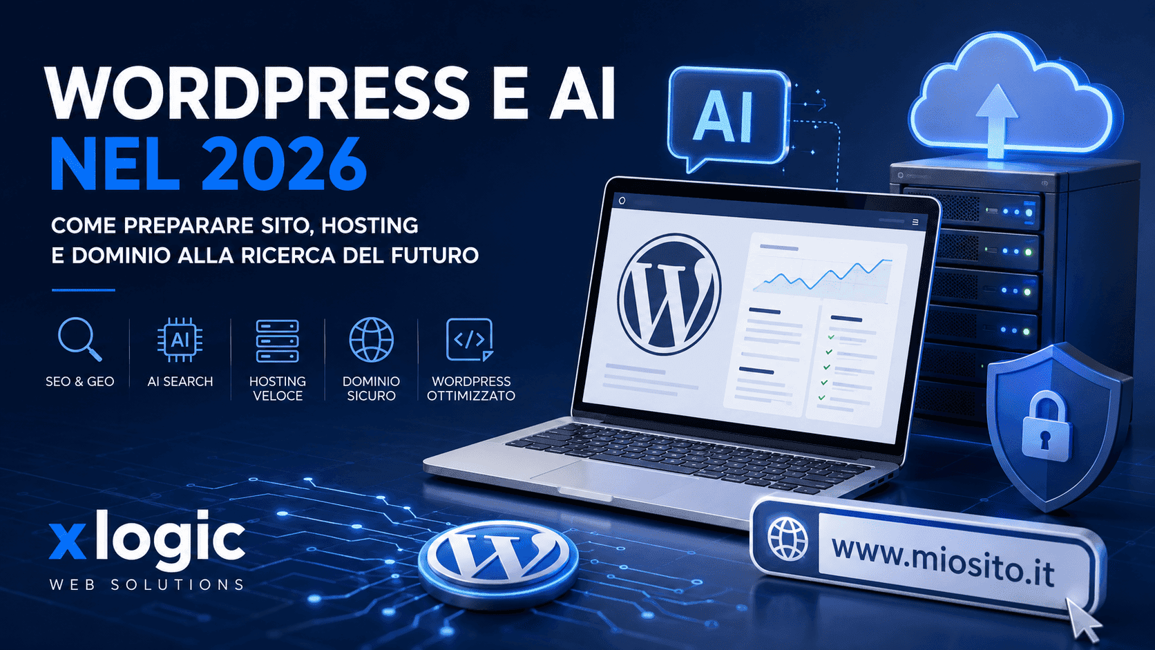 WordPress AI nel 2026 con hosting, dominio, SEO, GEO e sicurezza