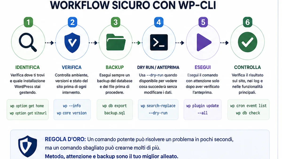 Workflow sicuro WP-CLI con verifica backup dry run e controllo