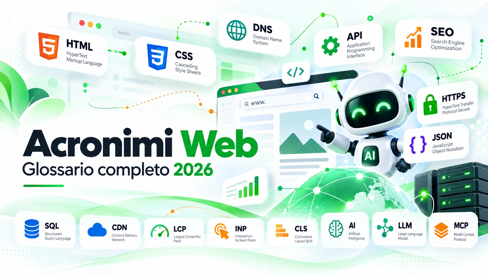 Acronimi web 2026 con HTML, CSS, DNS, API, SEO, sicurezza, hosting, Core Web Vitals e intelligenza artificiale