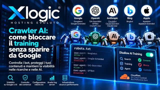 Crawler AI con Google, OpenAI, Anthropic, Bing e Apple, gestione robots.txt e blocco del training senza perdere visibilità nelle ricerche, su infrastruttura Xlogic