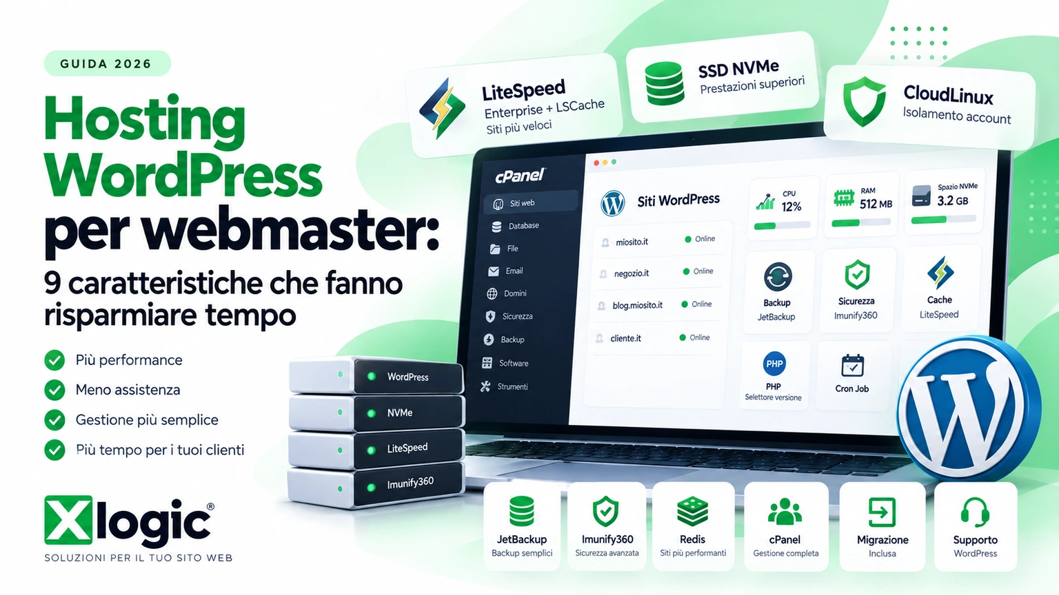 Hosting WordPress per webmaster con LiteSpeed, cPanel, backup e sicurezza