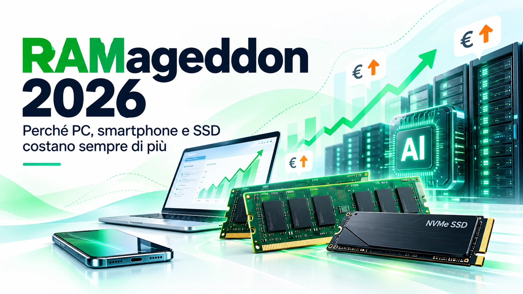 RAMageddon 2026 con aumento dei prezzi di RAM, SSD, PC e smartphone causato dalla crescita dei data center AI