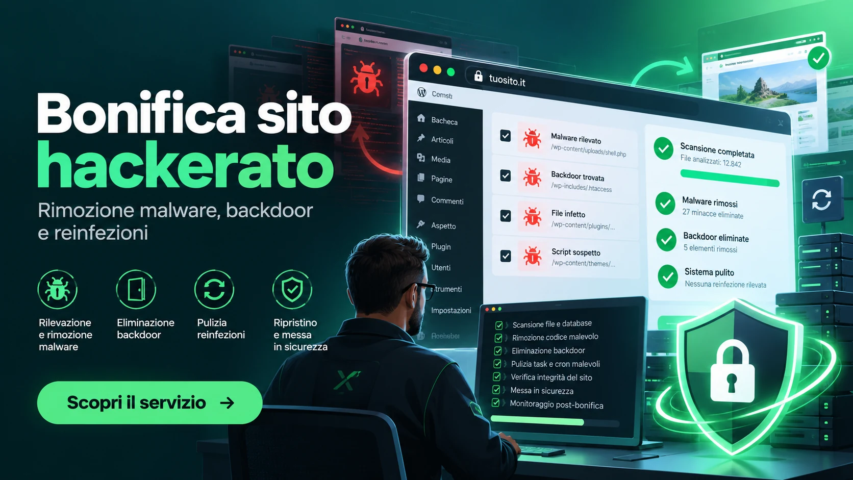 Bonifica sito hackerato Xlogic con rimozione malware e backdoor, controllo reinfezioni, verifica file e database e ripristino della sicurezza del sito