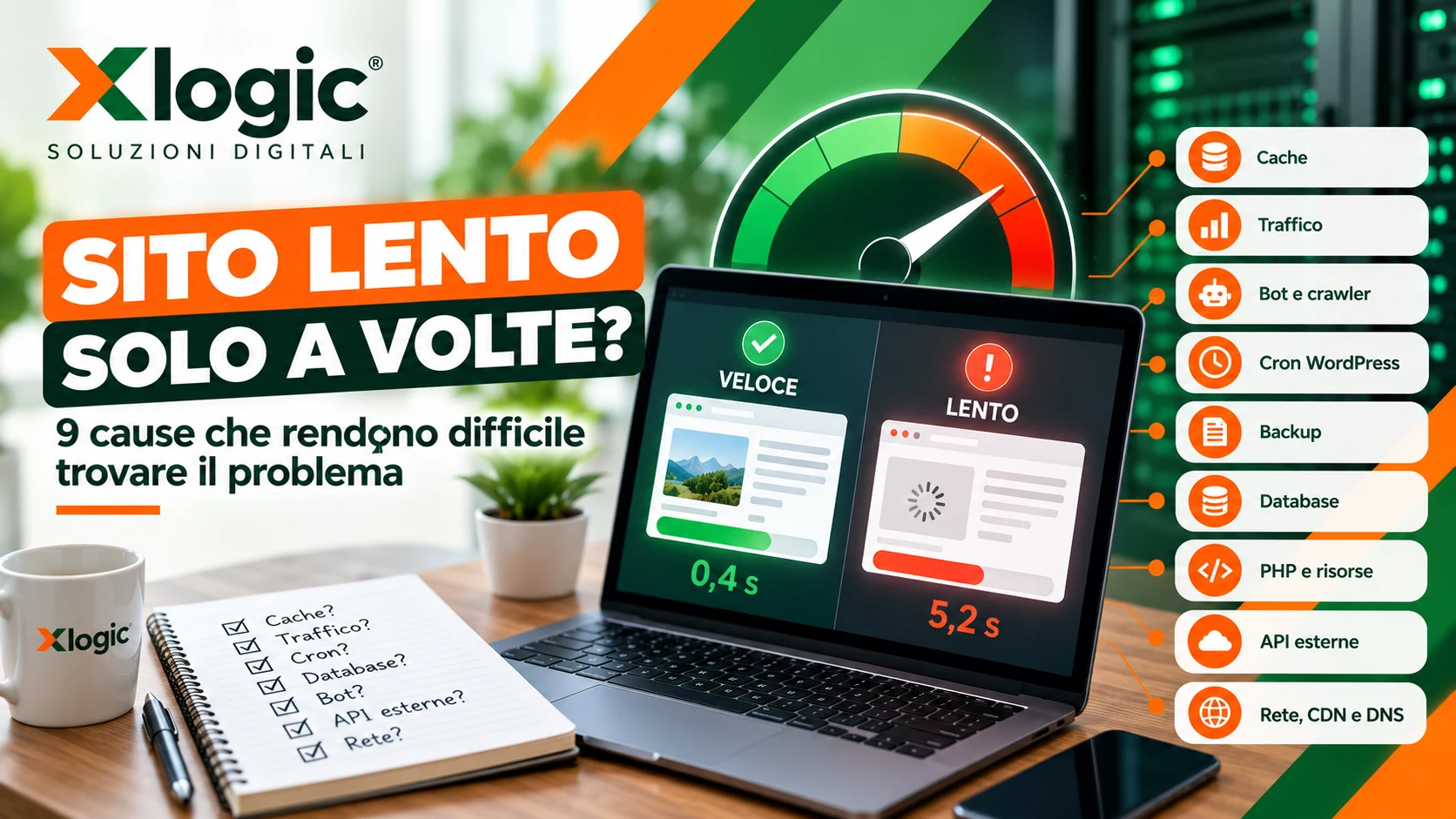 Sito lento solo a volte con 9 cause tra cache, traffico, bot, cron WordPress, backup, database, PHP, API esterne e rete Xlogic