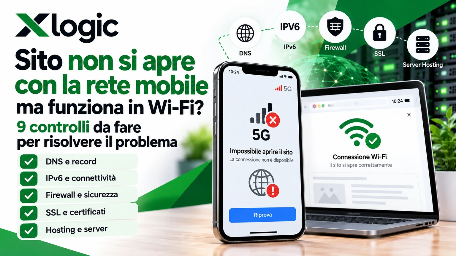 Sito non si apre con rete mobile ma funziona in Wi-Fi: 9 controlli su DNS, IPv6, firewall, SSL e hosting Xlogic per risolvere il problema.
