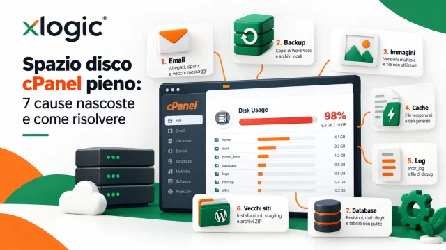 Spazio disco cPanel pieno: 7 cause nascoste e come risolvere Spazio disco cPanel pieno: 7 cause nascoste tra email, backup, immagini, cache, log, vecchi siti e database, con soluzioni Xlogic.