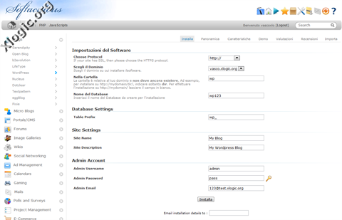 Configurazione WordPress Softaculous