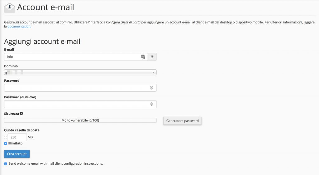 Come creare un indirizzo mail da cPanel