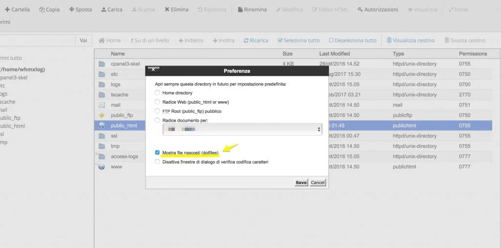 Come visualizzare files nascosti in cPanel