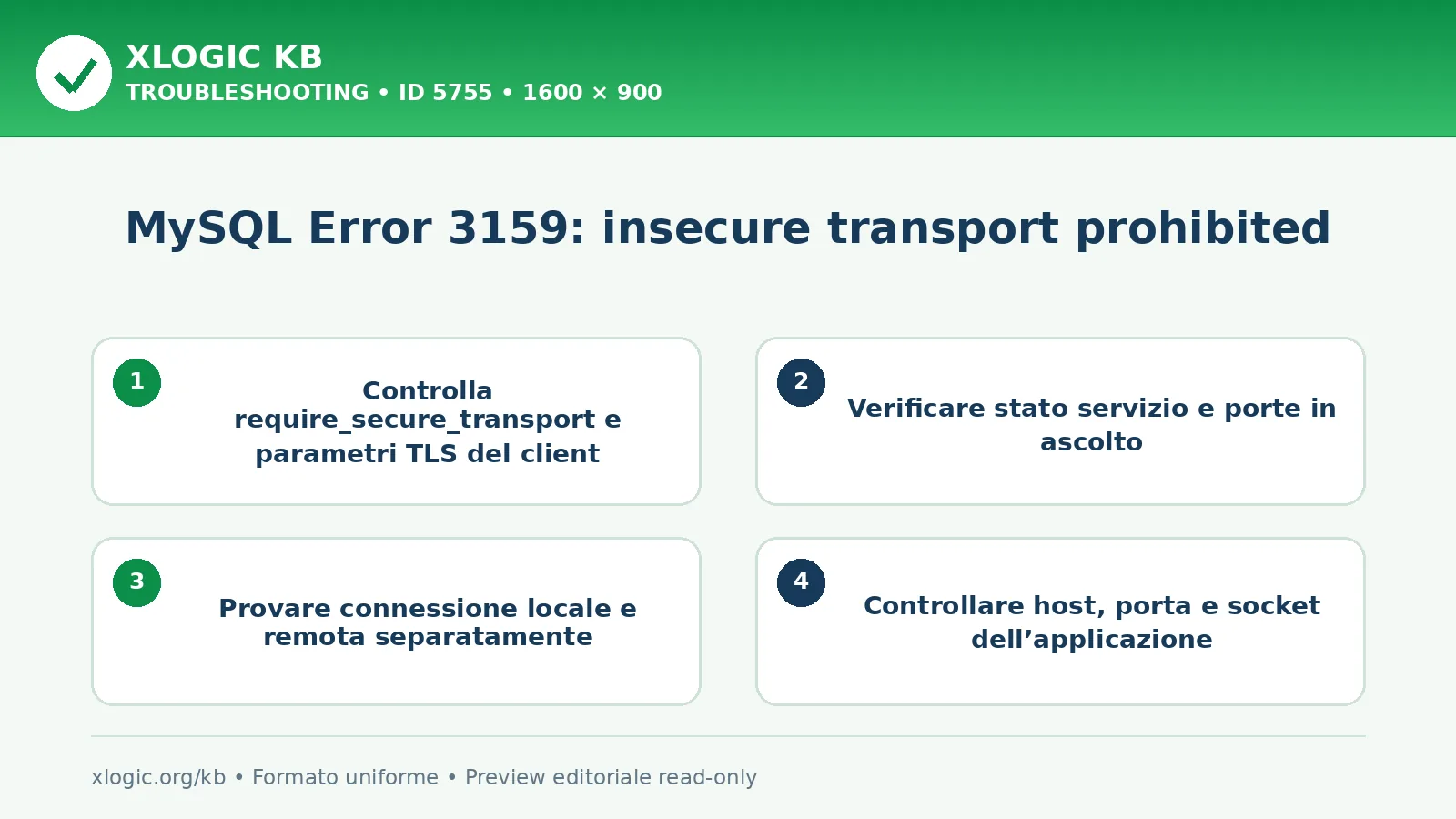 MySQL Error 3159: insecure transport prohibited: controlli e correzione