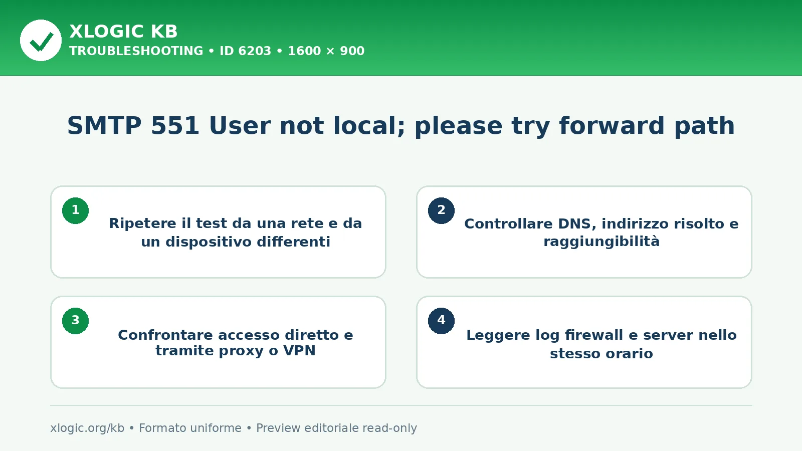 SMTP 551 User not local; please try forward path: controlli e correzione