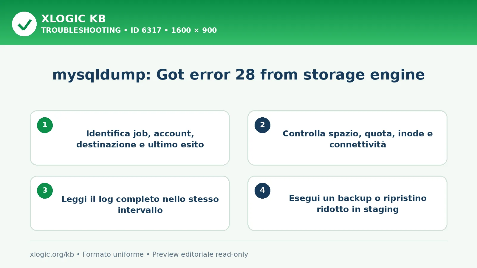 mysqldump: Got error 28 from storage engine: controlli e correzione