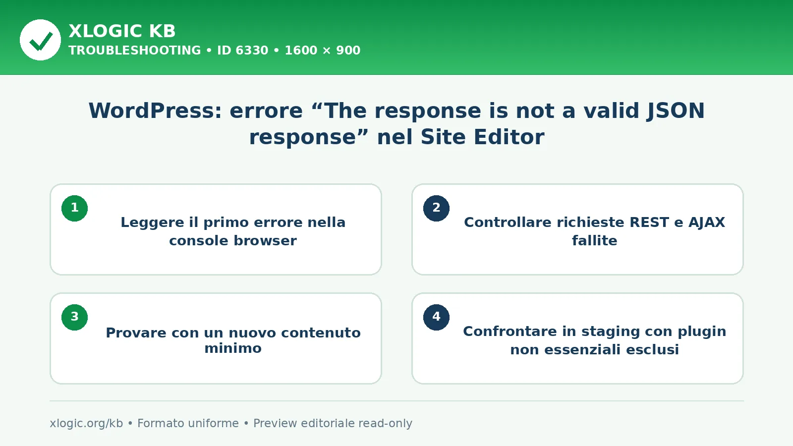 WordPress: errore “The response is not a valid JSON response” nel Site Editor: controlli e correzione