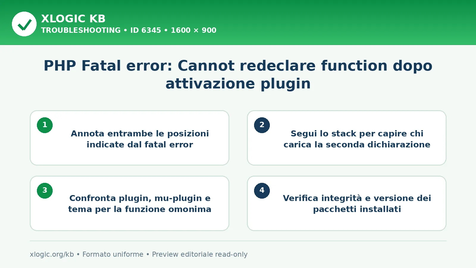 PHP Fatal error: Cannot redeclare function dopo attivazione plugin: controlli e correzione