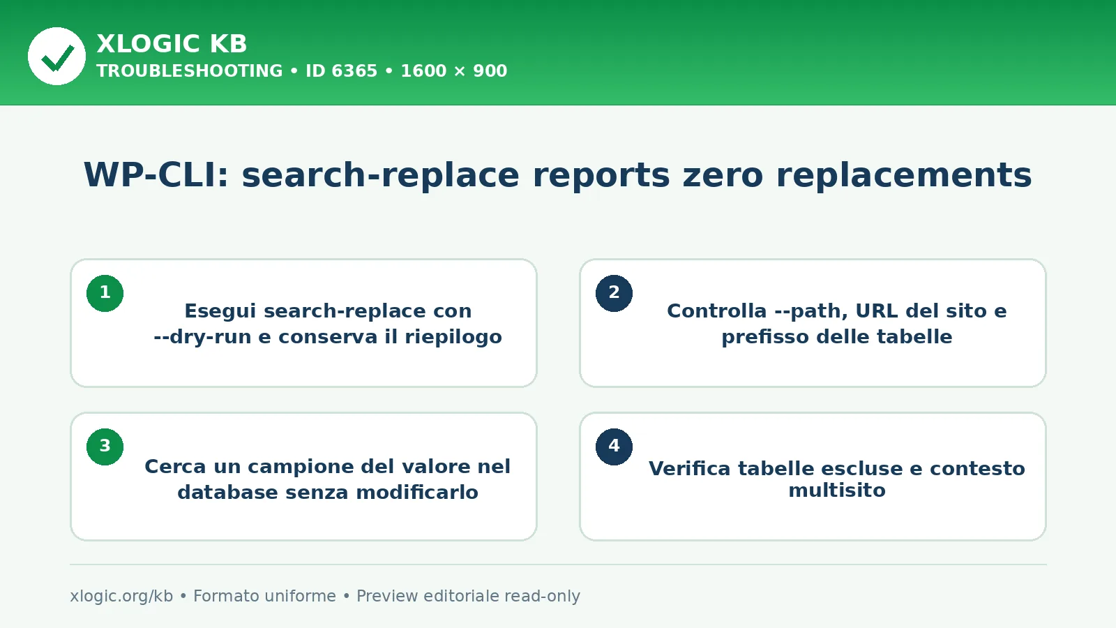 WP-CLI: search-replace reports zero replacements: controlli e correzione