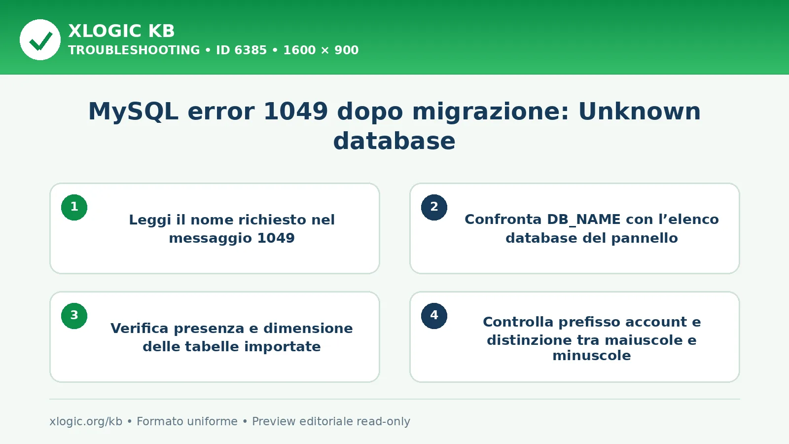 MySQL error 1049 dopo migrazione: Unknown database: controlli e correzione