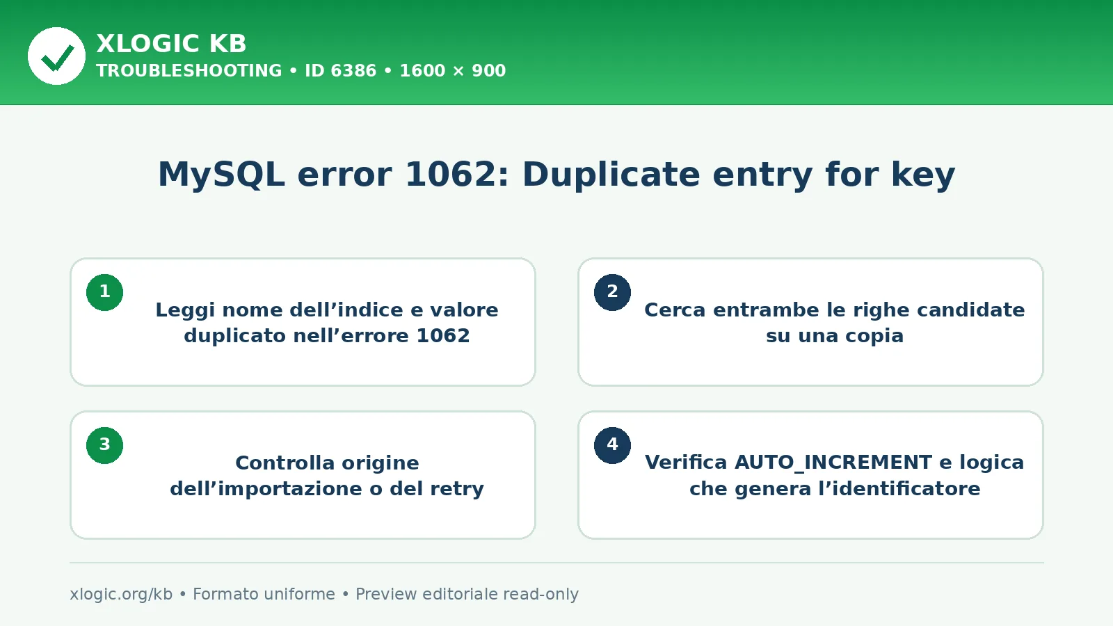 MySQL error 1062: Duplicate entry for key: controlli e correzione