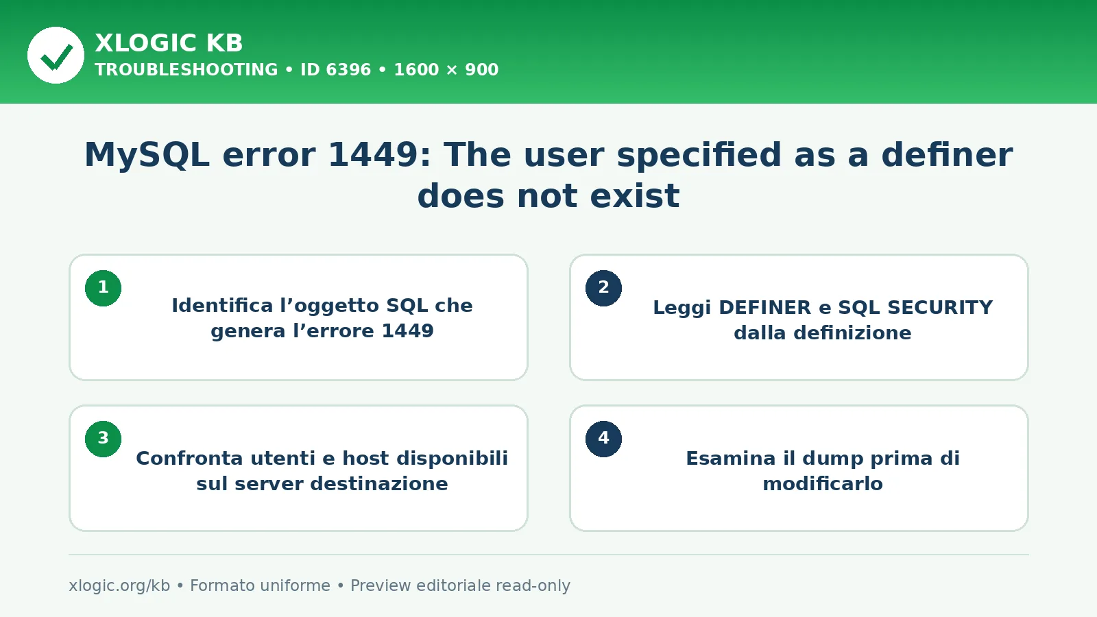 MySQL error 1449: The user specified as a definer does not exist: controlli e correzione