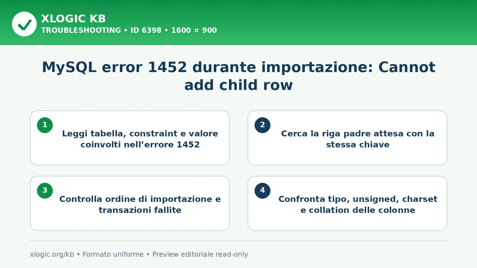 MySQL error 1452 durante importazione: Cannot add child row: controlli e correzione