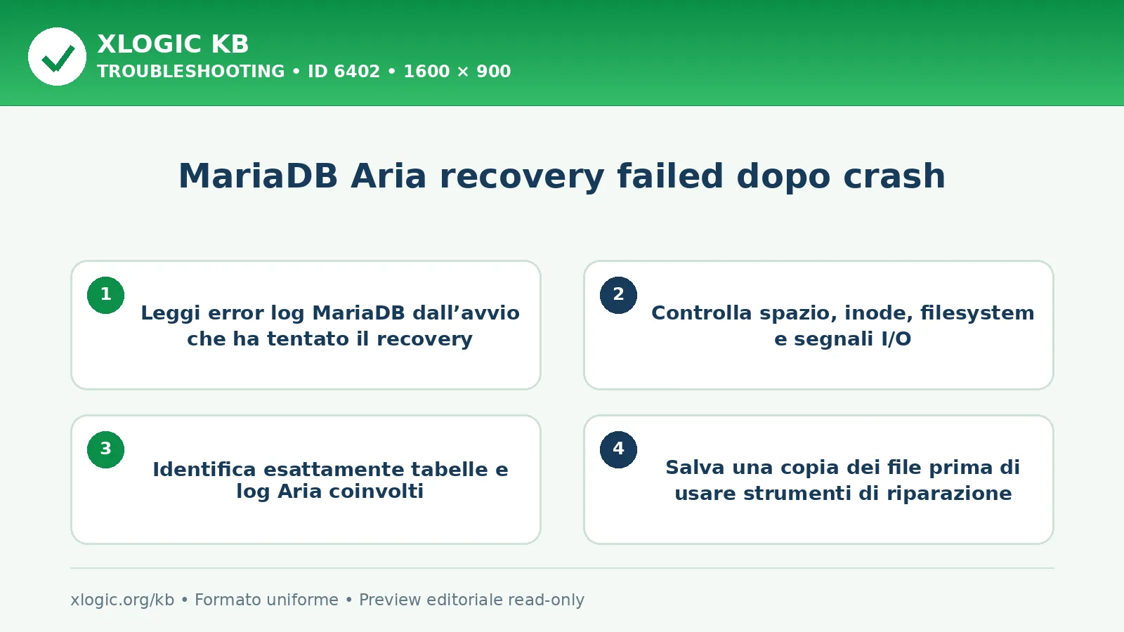 MariaDB Aria recovery failed dopo crash: controlli e correzione