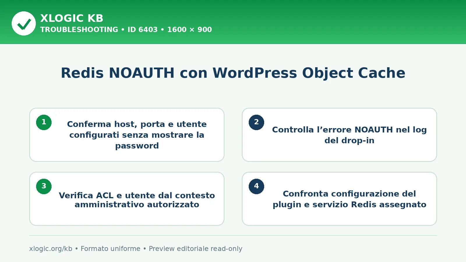 Redis NOAUTH con WordPress Object Cache: controlli e correzione