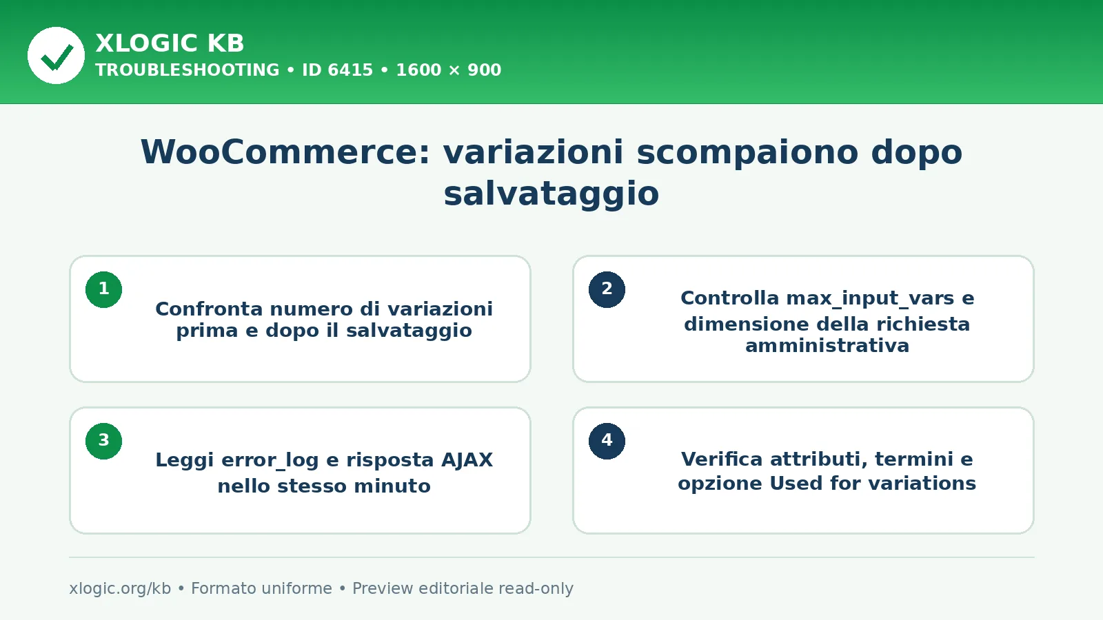 WooCommerce: variazioni scompaiono dopo salvataggio: controlli e correzione