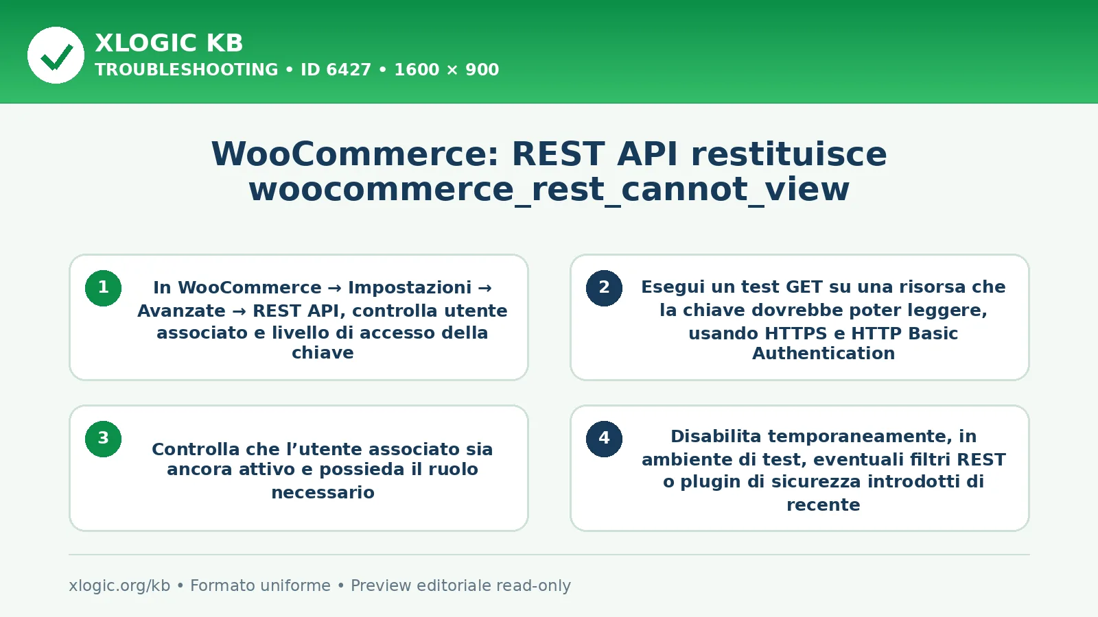 WooCommerce: REST API restituisce woocommerce_rest_cannot_view: controlli e correzione