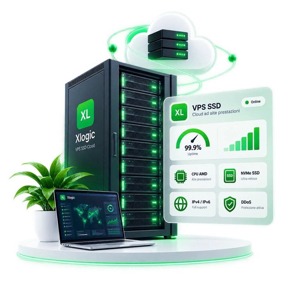 Infrastruttura VPS SSD Cloud Xlogic con CPU AMD, NVMe SSD e protezione DDoS