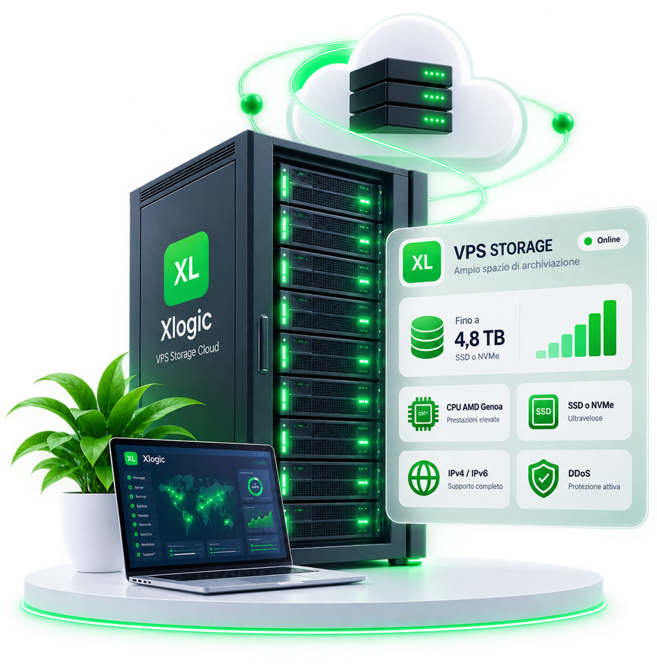 Infrastruttura VPS SSD Cloud Xlogic con CPU AMD, NVMe SSD e protezione DDoS