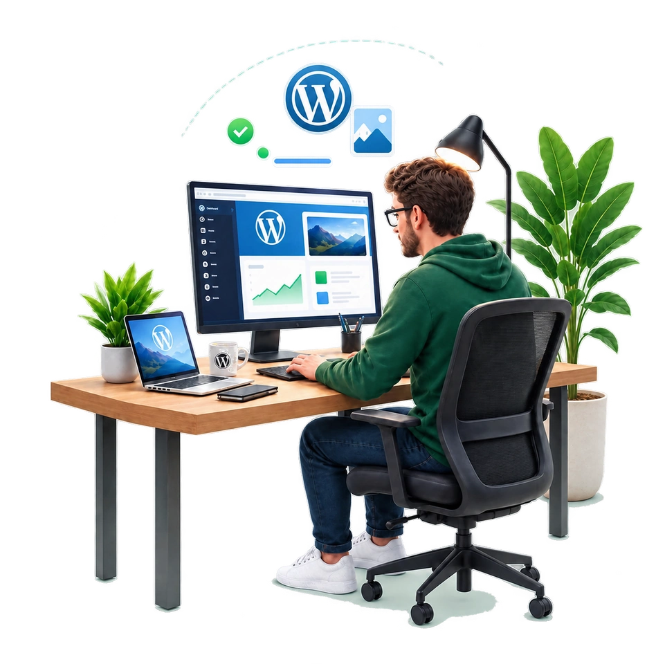 Professionista al computer con dashboard WordPress