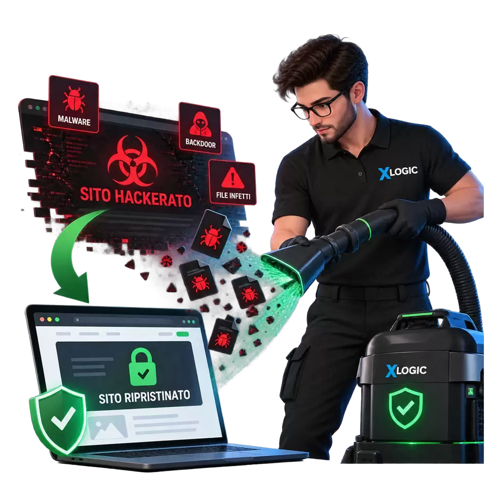 Bonifica sito hackerato WordPress con rimozione malware, backdoor e ripristino sicurezza Xlogic